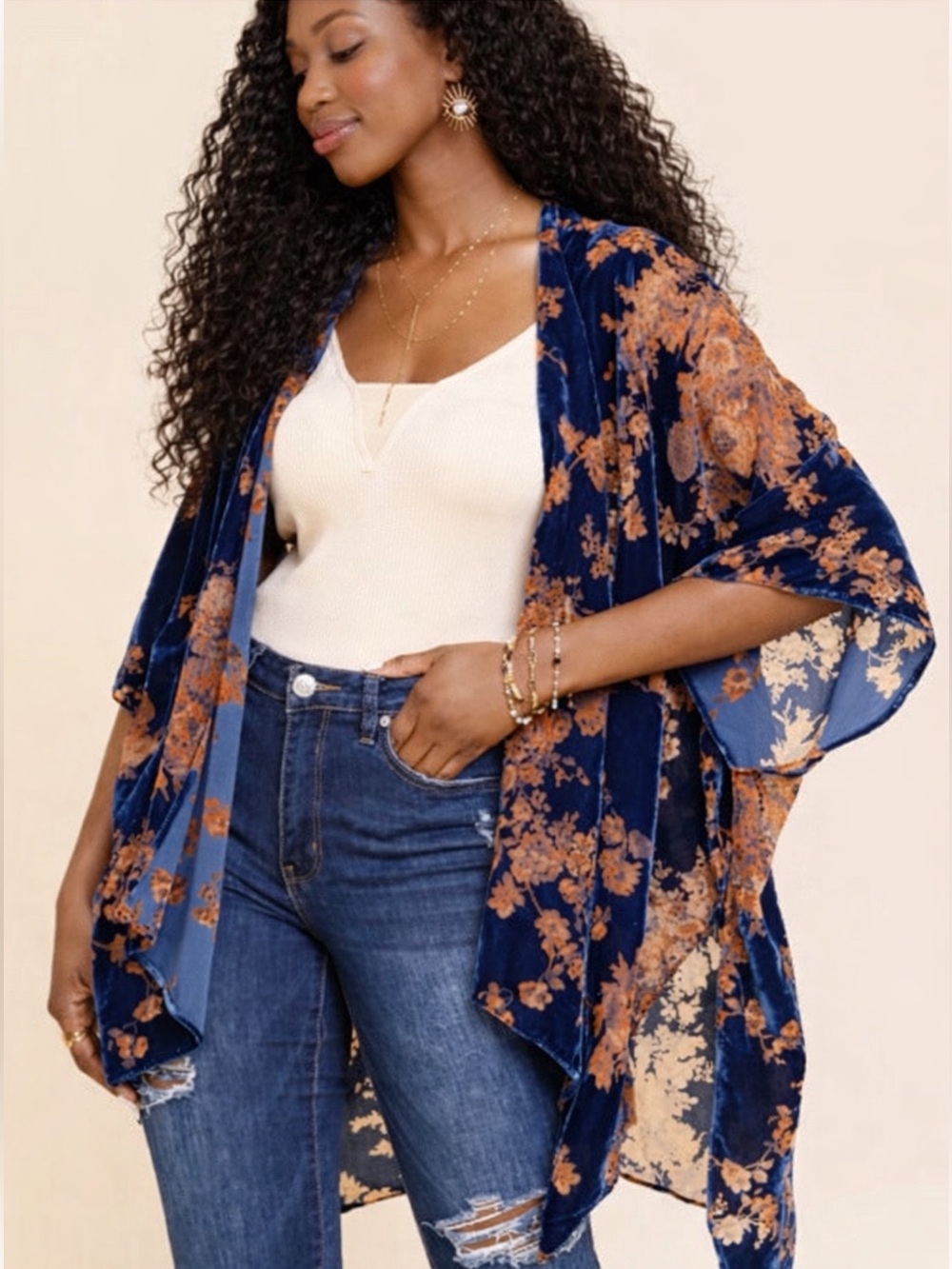 Torrid Velvet Burnout Floral Kimono One Size Blue Boho Festival Duster~Gorgeous!